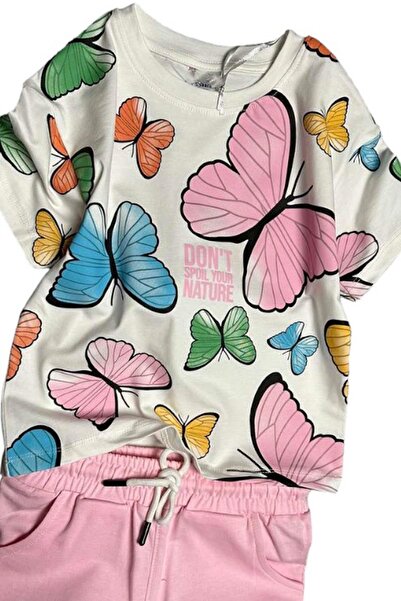 Riccotarz Butterfly Patterned Short Sleeve Powder Shorts Set - Girl