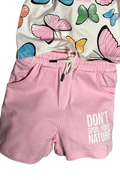 Riccotarz Butterfly Patterned Short Sleeve Powder Shorts Set - Girl