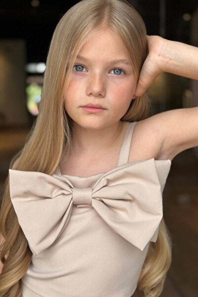 Riccotarz Beige Girl's Shorts Set - Bow Detailed Rope Strap