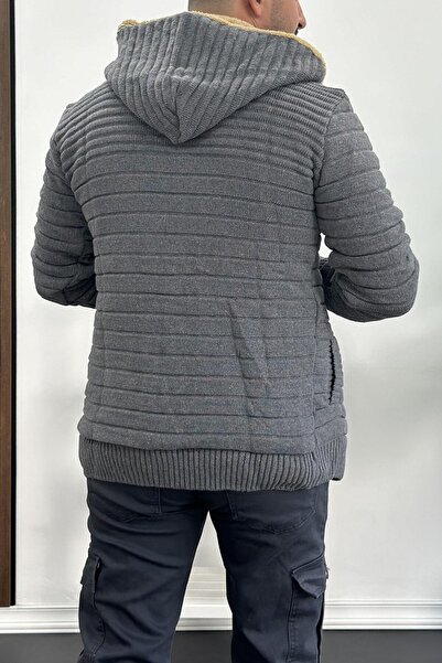 Edwox Men's Fur-Lined Hooded Zippered Knitwear Cardigan Gray T743