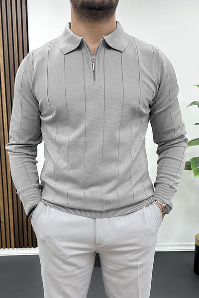 Edwox Men's Polo Collar Seasonal Sweater - Half Zipper, Gray Edw195
