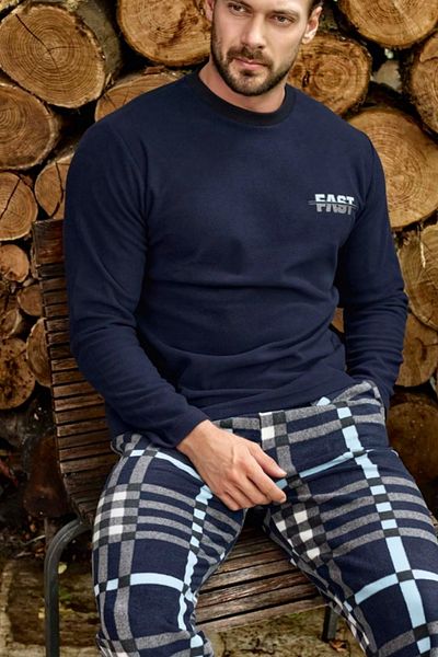 bigiyin Σετ ανδρικές πιτζάμες Fleece Navy Blue Σετ Νυχτικό Fleece Σετ χειμερινές ανδρικές πιτζάμες