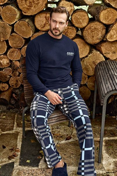 bigiyin Σετ ανδρικές πιτζάμες Fleece Navy Blue Σετ Νυχτικό Fleece Σετ χειμερινές ανδρικές πιτζάμες