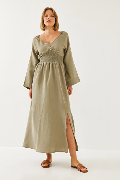 Bianco Lucci Women's V-Neck Waist Guiped Flared Dress 35177 60351090