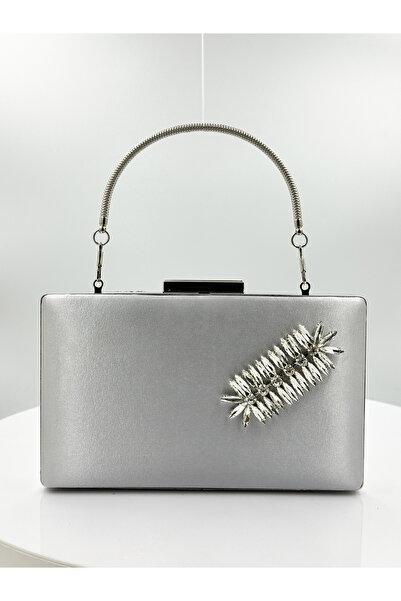 MidStore Silver Gray Color Satin Silver Case Silver Stone Evening Dress Bag E...