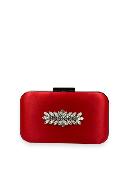 MidStore Red Color Satin Silver Case Silver Stone Evening Dress Bag Evening B...