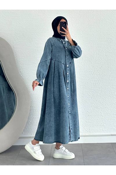 OlaLady Γυναικείο τζιν παλτό Hijab με κουμπιά μπροστά με πιέτες