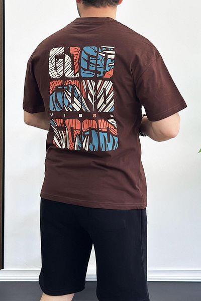 Edwox Ανδρικό μπλουζάκι Oversize - 100% βαμβάκι, στάμπα στην πλάτη, καφέ Edw161