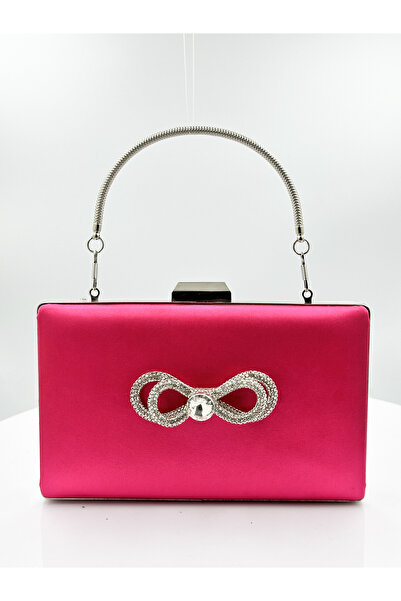 MidStore Fuchsia Color Satin Silver Case Silver Stone Evening Dress Bag Eveni...