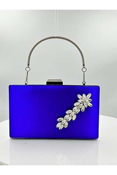 MidStore Cobalt Blue Colors Satin Silver Case Silver Stone Evening Dress Bag ...