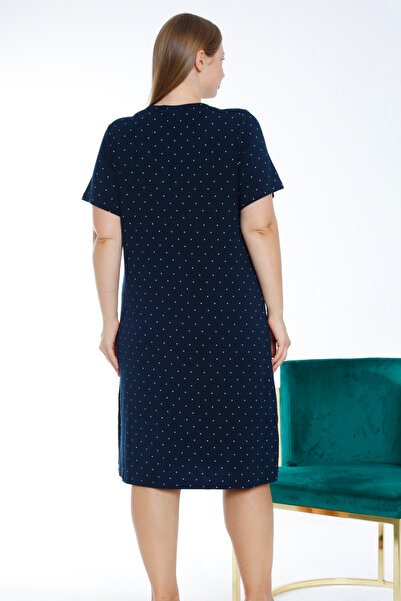 İntensive Navy Blue Polka Dot Short-Sleeved Lace Lycra Women's Large Size Nightgown