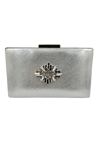 Wedding Fashion Geantă elegantă argintie lame din satin, cu carcasă argintie și decorată cu pietre argintii, pentru seară, nuntă sau logodnă. Portofoliu.