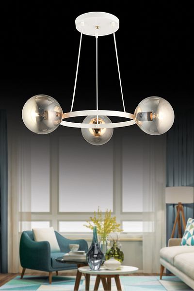 SONSUZ AYDINLATMA&AVİZE Queen White 3-Piece Ring Smoked Globe Glass Modern Chandelier