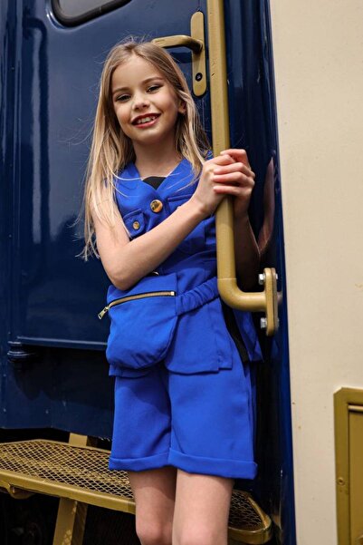 Riccotarz Дівчачий комплект з блакитної трикотажної блузки та безрукавки - з ґудзиками та кишенями