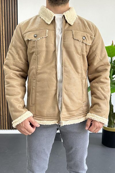 Edwox Ανδρικό δερμάτινο παλτό Shearling - Faux Flake, Cream, EDW120