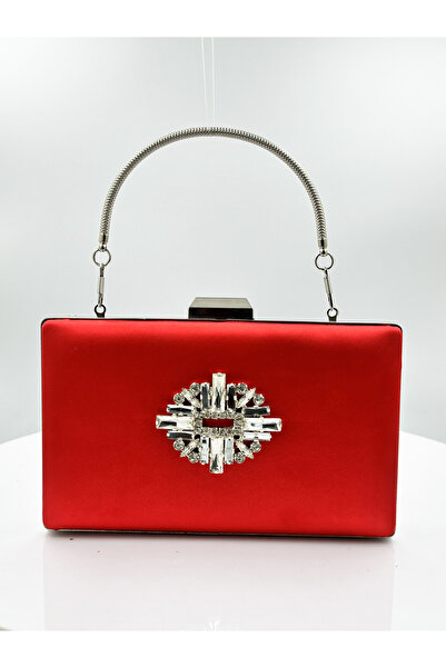 MidStore Red Color Satin Silver Case Silver Stone Evening Dress Bag Evening B...