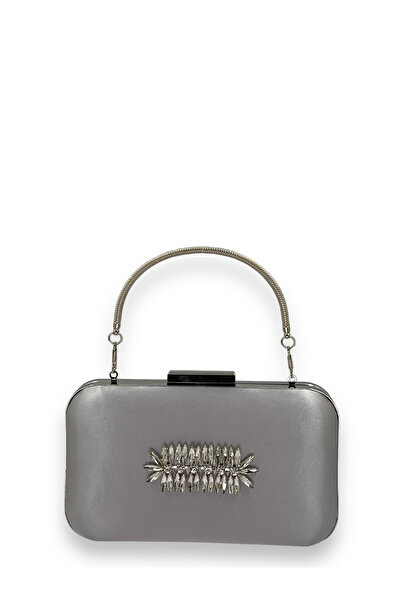 MidStore Geantă de seară gri din satin - cu carcasă argintie și mânere decora...