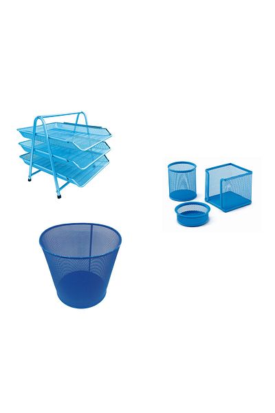 Mas Baby Blue Metal Office Set - 3-Piece Evak Shelf, Keeper, Ataslik, Cup Block and Trash Can