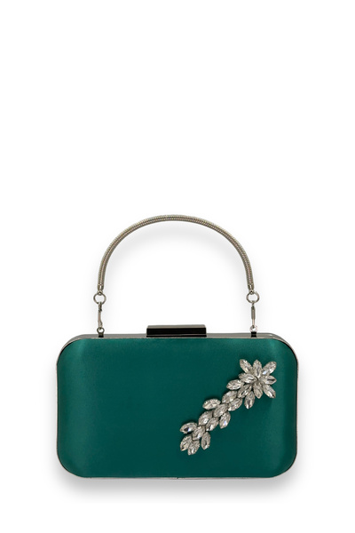 MidStore Green Color Satin Silver Case Silver Stone Handle Evening Dress Even...