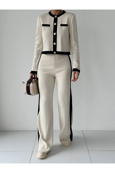 Lusin Women's Gold Button Detailed Cardigan Trousers Bottom Top Double Knitwear Set - White
