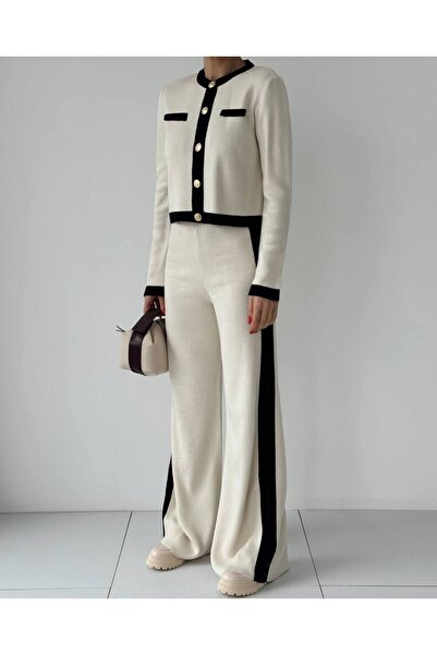 Lusin Set de tricotaje cu nasturi aurii pentru femei, pantaloni cardigan cu detaliu, partea inferioară de sus, dublu - alb