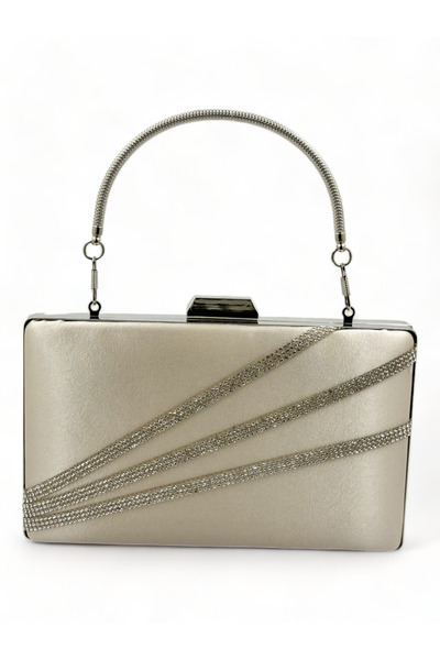 MidStore Geantă elegantă din satin nude cu elemente argintii și pietre decora...