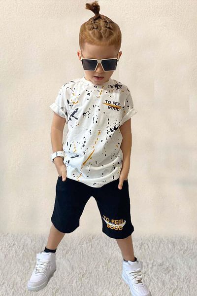 Riccotarz Boy's To Feel Text and Paint Patterned T-Shirt Set with Black Shorts