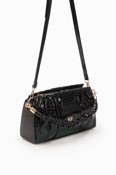 Levidor Black Wrinkle Patent Leather Handbag with Drawstring Detail