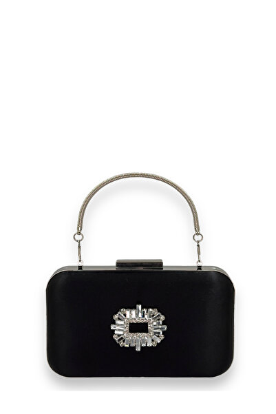 MidStore Geantă de seară din satin negru cu carcasă argintie și pietre decora...