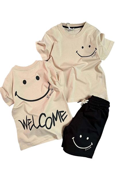 Riccotarz Welcome Text Black Combed Cotton T-Shirt and Smile Printed Shorts Set for Boys