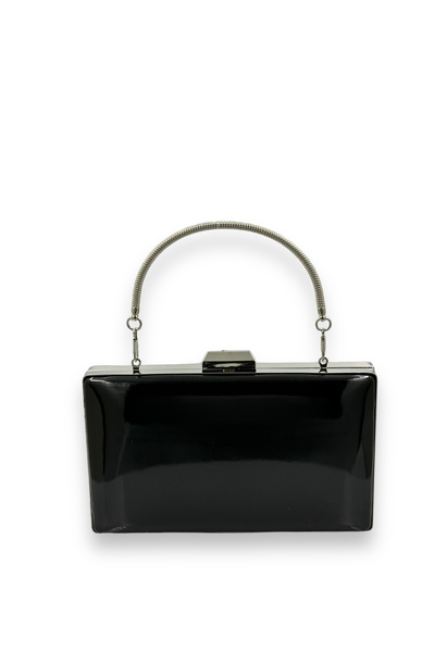 MidStore Black Patent Leather Silver Detailed Metal Handle Evening Dress Bag