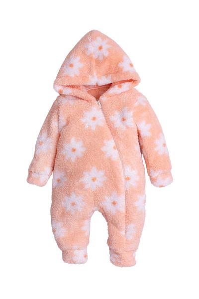 Chicsy Baby Winter Sweet Plush Hooded Floral Patterned Baby Kids Welsoft Jumpsuit