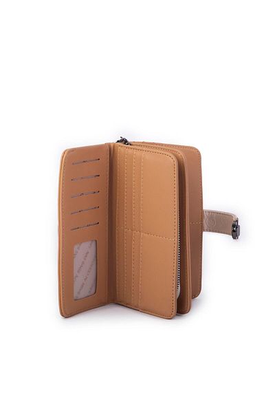 Nas Bag Women - Large Size Cream Camel Embossed Wide Wallet with Multi-Card Holder and Clip