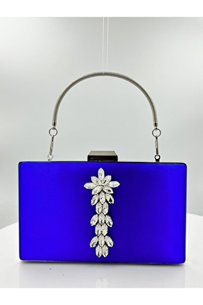 MidStore Cobalt Blue Colors Satin Silver Case Silver Stone Evening Dress Bag ...