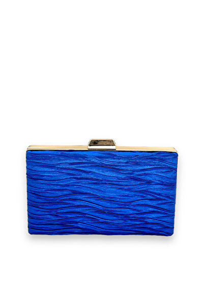Generic Brand Cobalt Blue Pleated Satin Evening Dress Bag with Metal Handle H...