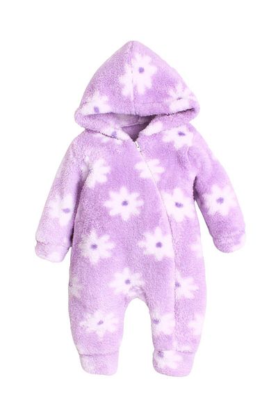 Chicsy Baby Winter Sweet Plush Hooded Floral Patterned Baby Kids Welsoft Jumpsuit
