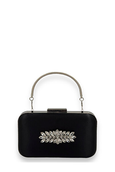 MidStore Black Color Satin Silver Case Silver Stone Handle Evening Dress Even...