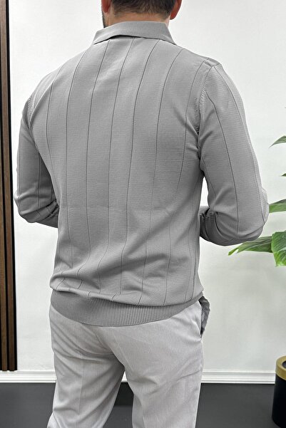 Edwox Чоловічий светр з поло-коміром на сезон - з напівзастібкою, сірий Edw195