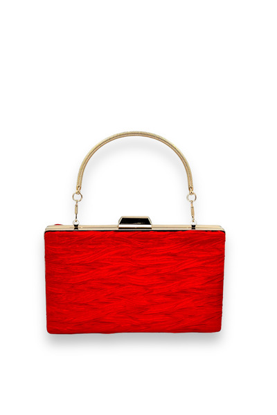 MidStore Red Pleated Satin Evening Dress Bag with Metal Handle Henna Evening Bag