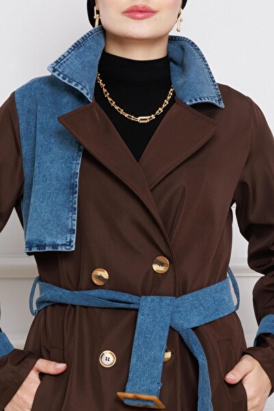 Sevitli Kot Detaylı Trençkot-Kahverengi