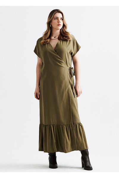 EVEN plus size تنورة مجمعة مزدوجة الصدر فستان كاكي مقاس كبير