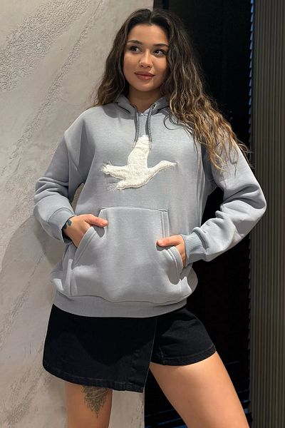GÜLSELİ Γκρι γυναικείο φούτερ με κεντητό πουλί με κουκούλα