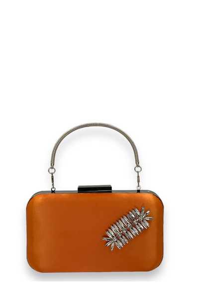 MidStore Orange Color Satin Silver Case Silver Stone Handle Evening Dress Eve...