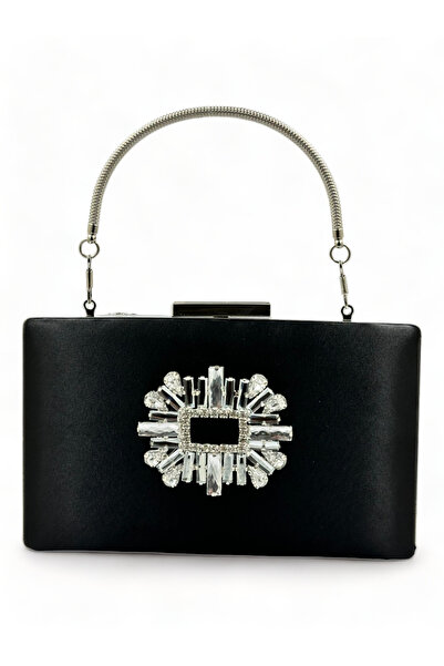 MidStore Geantă elegantă din satin negru, cu carcasă argintie și pietre argin...