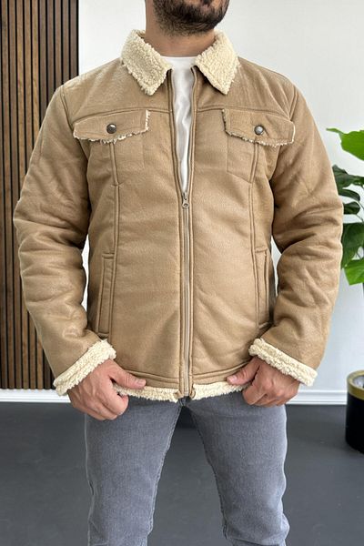 Edwox Ανδρικό δερμάτινο παλτό Shearling - Faux Flake, Cream, EDW120