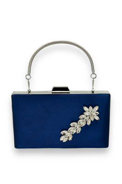 MidStore Navy Blue Color Satin Crystal Stone Evening Dress Bag Evening Bag He...
