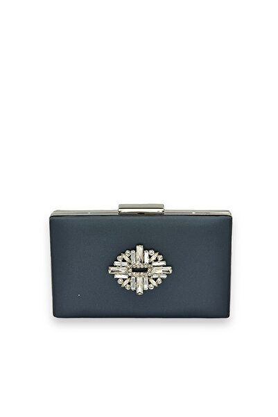 MidStore Navy Blue Color Scratch-Free Satin Silver Stone Evening Dress Bag