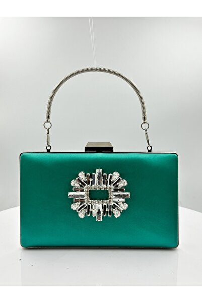MidStore Green Color Satin Silver Case Silver Stone Evening Dress Bag Evening...