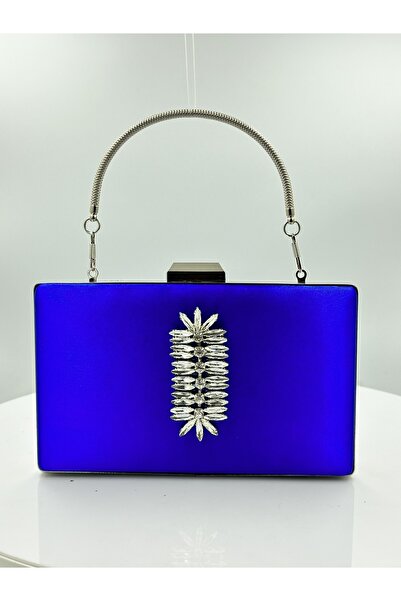 MidStore Cobalt Blue Colors Satin Silver Case Silver Stone Evening Dress Bag ...