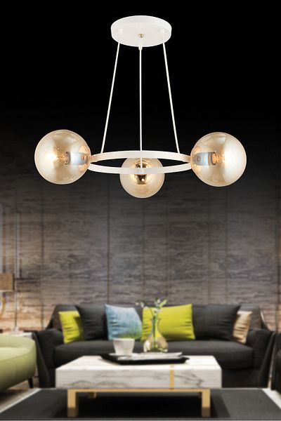 SONSUZ AYDINLATMA&AVİZE Infinite White 3-Piece Ring Honey Globe Glass Modern Chandelier